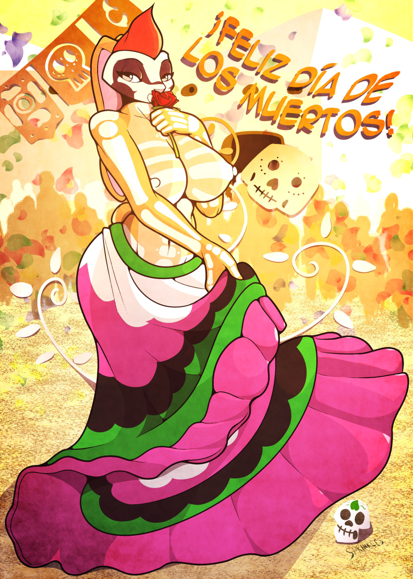 absurd_res anthro big_breasts breasts clothed clothing crowd day_of_the_dead dress female flower group hi_res holidays lagomorph leporid male male/female mammal mercy_(sprinkles) mexican_dress mexico nipples piercing plant rabbit rose_(flower) solo sprinkles_(artist) topless