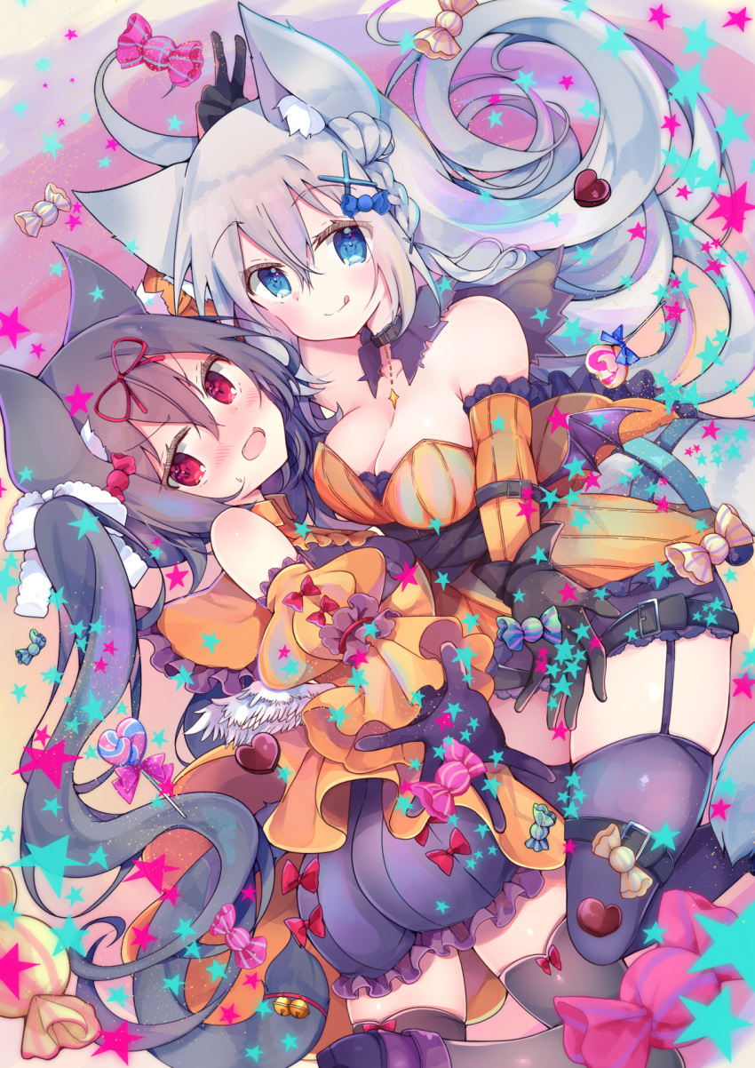 2girls animal_ears ass black_gloves black_hair black_thighhighs blue_eyes blush breasts candy cat_ears cleavage detached_collar detached_sleeves dress food garter_straps gloves hair_between_eyes halloween highres long_hair looking_at_viewer medium_breasts multiple_girls open_mouth original red_eyes satsuki_mayuri smile strapless strapless_dress thighhighs twintails v white_hair