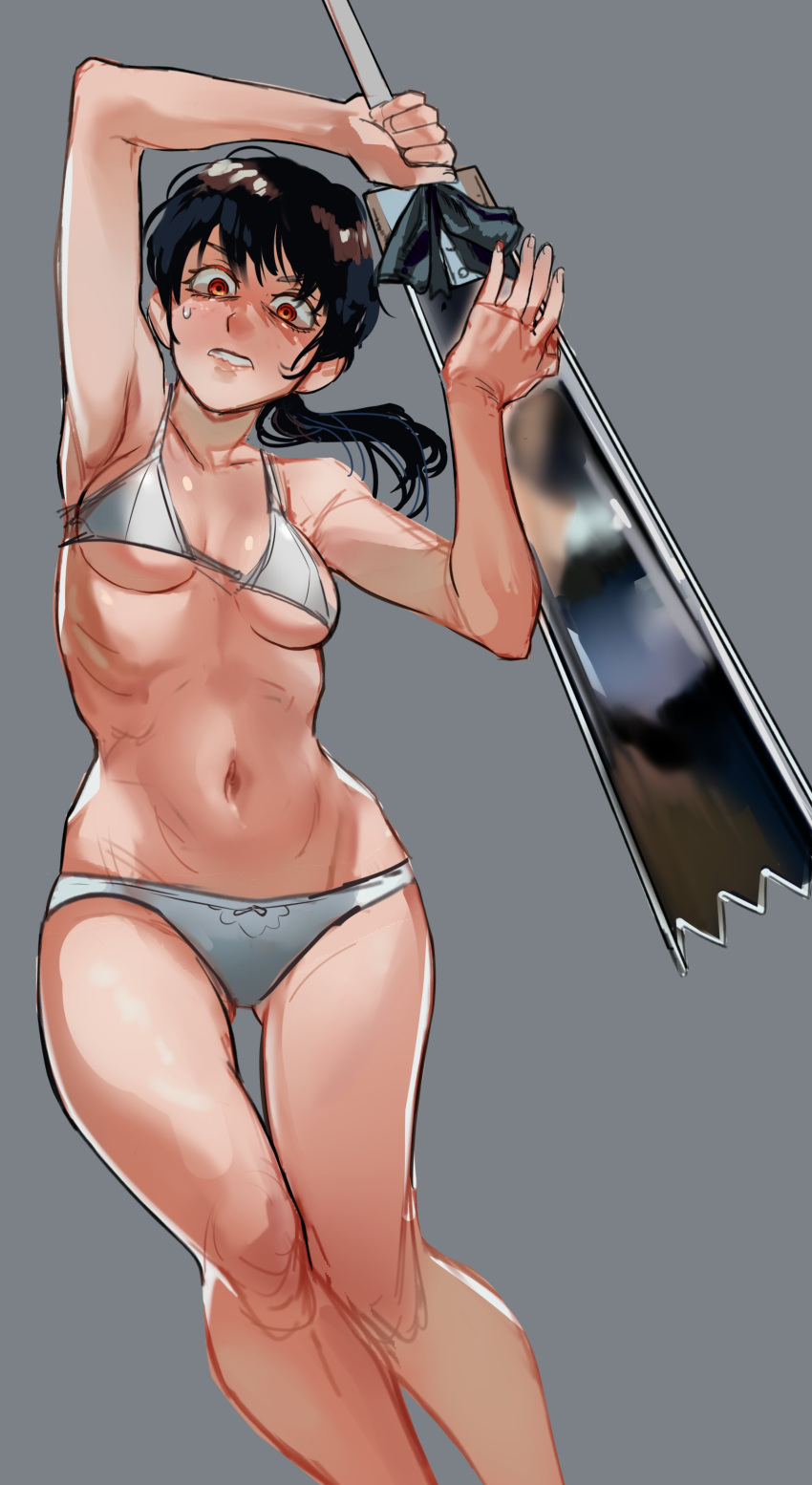 1girl absurdres bangs black_hair blush bra chainsaw_man highres long_hair looking_at_viewer mitaka_asa navel panties ribosoma_42 simple_background sword twintails underwear underwear_only weapon