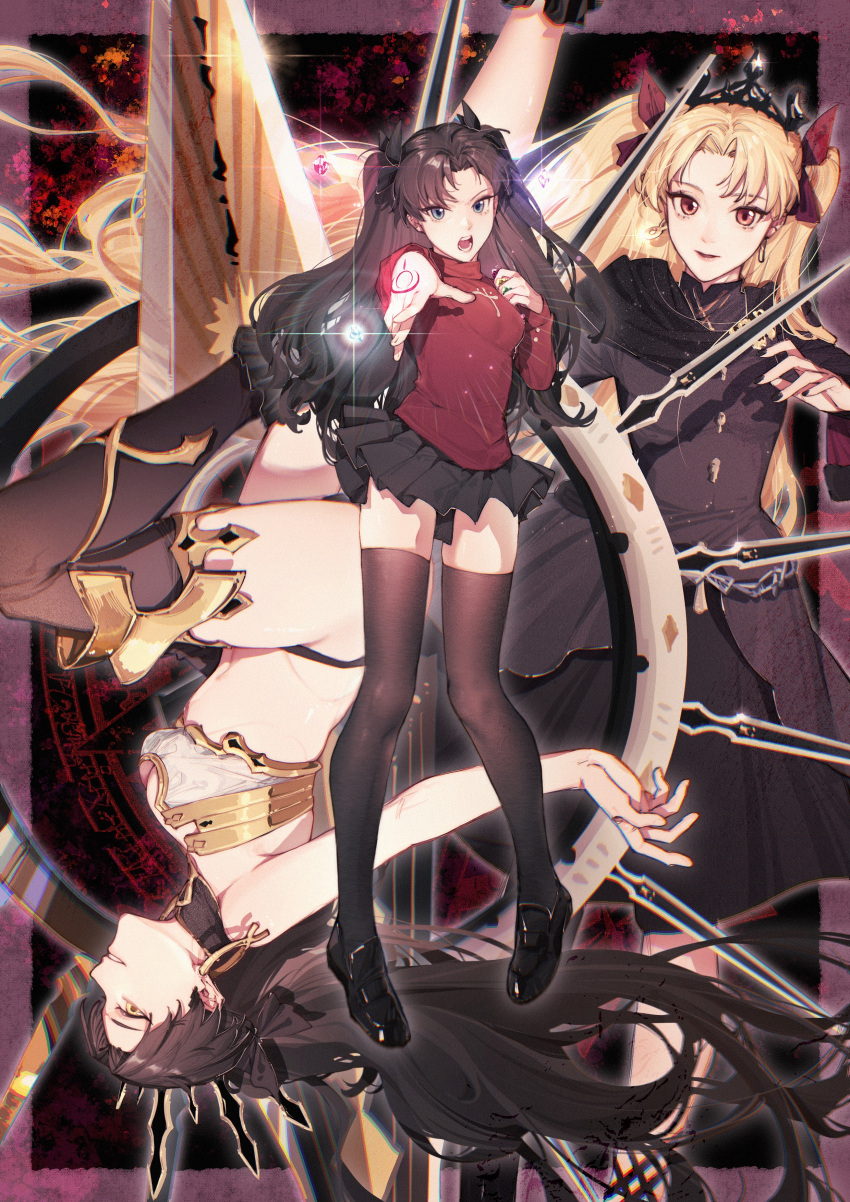 3girls absurdres asymmetrical_legwear bangs black_dress black_footwear black_hair black_panties black_ribbon black_skirt black_thighhighs blonde_hair blue_eyes bra breasts command_spell commentary crown detached_collar dress earrings ereshkigal_(fate) fate/grand_order fate/stay_night fate_(series) floating floating_hair full_body gem hair_ribbon heavenly_boat_maanna highres holding holding_weapon hood hood_down hooded_jacket hoop_earrings ishtar_(fate) jacket jewelry lips long_hair long_sleeves looking_at_viewer medium_breasts meslamtaea_(weapon) miniskirt multiple_girls multiple_persona navel on_head open_mouth panties parted_bangs pink_lips pleated_skirt profile qiuyun62303677 red_eyes red_ribbon red_sweater revealing_clothes ribbon shoes skirt sleeveless sleeveless_dress smile stomach strapless strapless_bra strapless_dress sweater teeth thighhighs thighs tiara tohsaka_rin turtleneck turtleneck_sweater two_side_up underwear uneven_legwear very_long_hair weapon white_bra wings yellow_eyes zettai_ryouiki