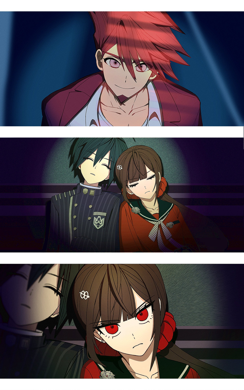 1girl 2boys absurdres bangs black_hair black_sailor_collar blue_background breast_pocket brown_hair buttons closed_eyes closed_mouth collarbone collared_shirt commentary danganronpa_(series) danganronpa_v3:_killing_harmony double-breasted facial_hair facing_viewer goatee green_background grey_shirt hair_between_eyes hair_ornament hair_scrunchie hairclip harukawa_maki highres jacket jilong_(eksrks99) leaning_on_person leaning_to_the_side letterboxed long_hair looking_at_viewer low_twintails male_focus momota_kaito multicolored_background multiple_boys parted_lips pink_eyes pink_jacket pocket portrait red_eyes red_hair red_scrunchie red_shirt saihara_shuuichi sailor_collar scrunchie shirt short_hair spiked_hair star_(symbol) star_print striped striped_jacket twintails upper_body