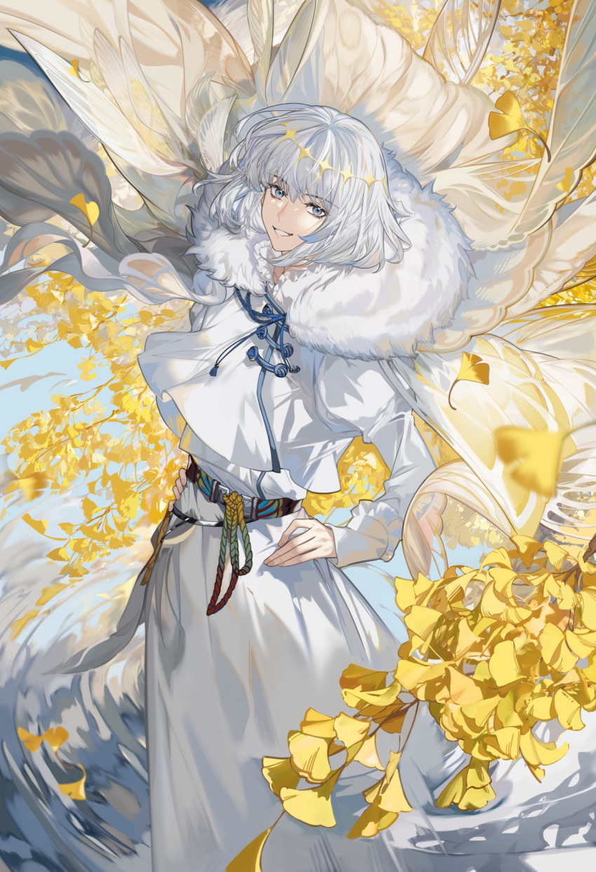 1boy arlizi blue_eyes blue_hair dress fate/grand_order fate_(series) flower ginkgo hand_on_hip highres insect_wings long_sleeves looking_at_viewer oberon_(fate) open_mouth petals smile white_dress wind wings yellow_flower