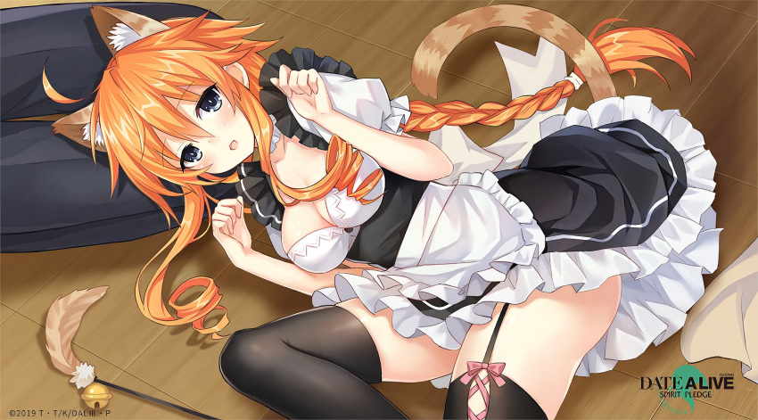 1girl ahoge animal_ears apron black_dress black_thighhighs blonde_hair breasts cleavage date_a_live date_a_live:_spirit_pledge dress highres indoors long_hair looking_at_viewer lying maid maid_apron medium_breasts official_art on_floor on_side open_mouth solo tail thighhighs thighs white_apron yamai_yuzuru