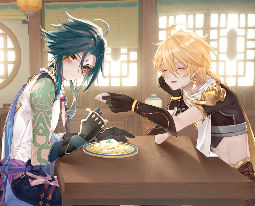 2boys absurdres aether_(genshin_impact) ahoge arm_tattoo bangs bead_necklace beads black_gloves blonde_hair blush buzheng61241 cape closed_eyes closed_mouth crop_top earrings facial_mark genshin_impact gloves green_hair hair_between_eyes highres jewelry long_hair male_focus midriff multicolored_hair multiple_boys necklace open_mouth scarf short_hair single_bare_shoulder single_earring stomach tattoo xiao_(genshin_impact) yellow_eyes