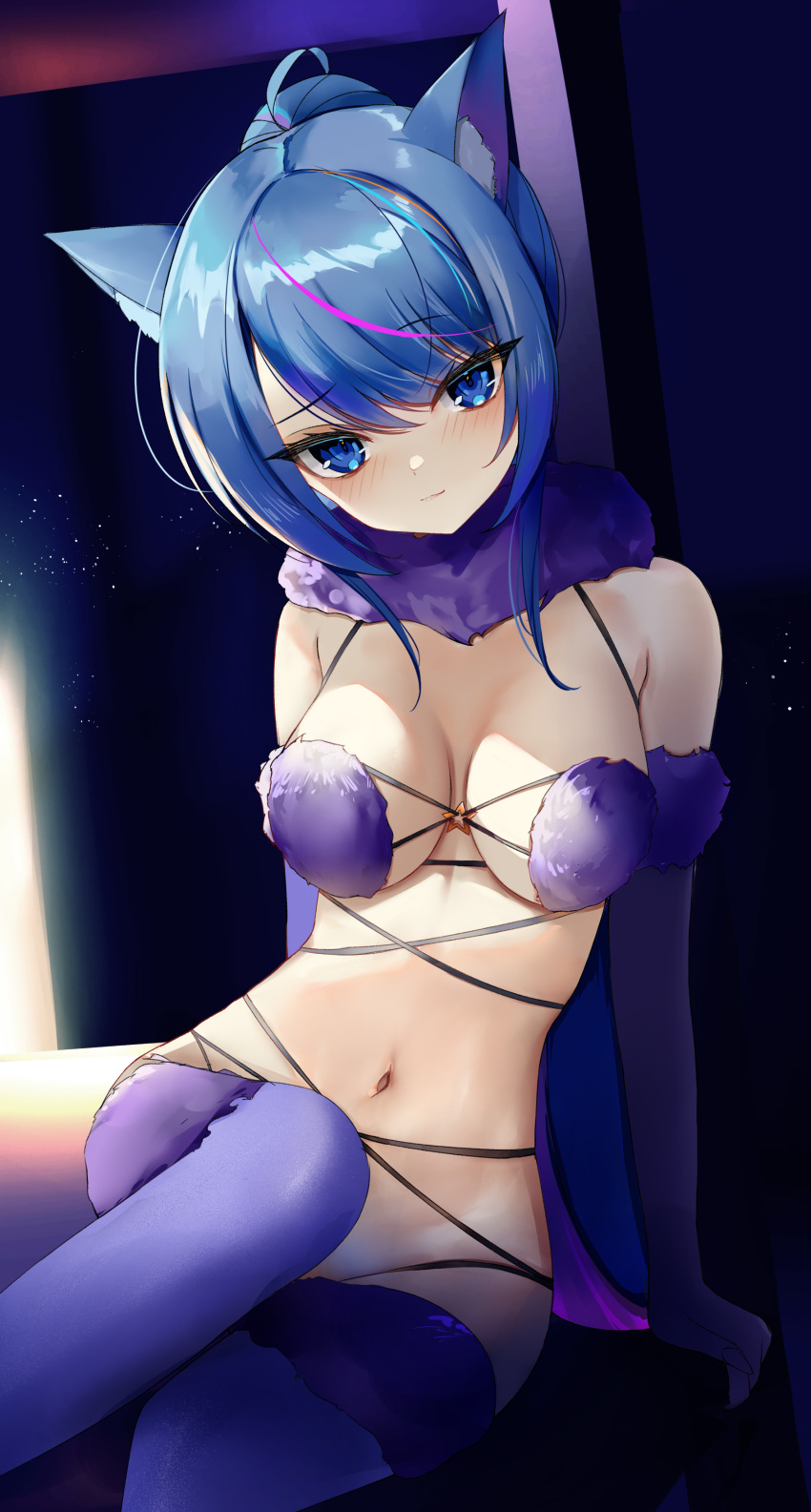 1girl absurdres animal_ears bangs blue_eyes blue_hair blush breasts cat_ears cleavage closed_mouth cosplay elbow_gloves fur-trimmed_gloves fur_trim gloves hair_between_eyes hair_intakes highres indie_virtual_youtuber leaning_to_the_side long_hair looking_at_viewer mash_kyrielight mash_kyrielight_(dangerous_beast) mash_kyrielight_(dangerous_beast)_(cosplay) medium_breasts nana_asteria navel no_panties purple_gloves purple_thighhighs revealing_clothes rifufu shiny shiny_hair solo thighhighs virtual_youtuber