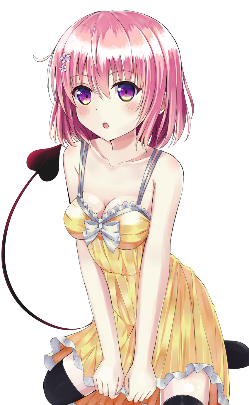 1girl absurdres bangs bare_arms black_thighhighs blush breasts cleavage collarbone demon_tail dress dress_tug flower hair_between_eyes hair_flower hair_ornament highres kneeling lala_satalin_deviluke medium_breasts medium_hair momo_velia_deviluke open_mouth pink_hair pleated_dress purple_eyes shiny shiny_hair short_dress sleeveless sleeveless_dress solo tail takapii thighhighs to_love-ru to_love-ru_darkness white_background white_flower yellow_dress zettai_ryouiki