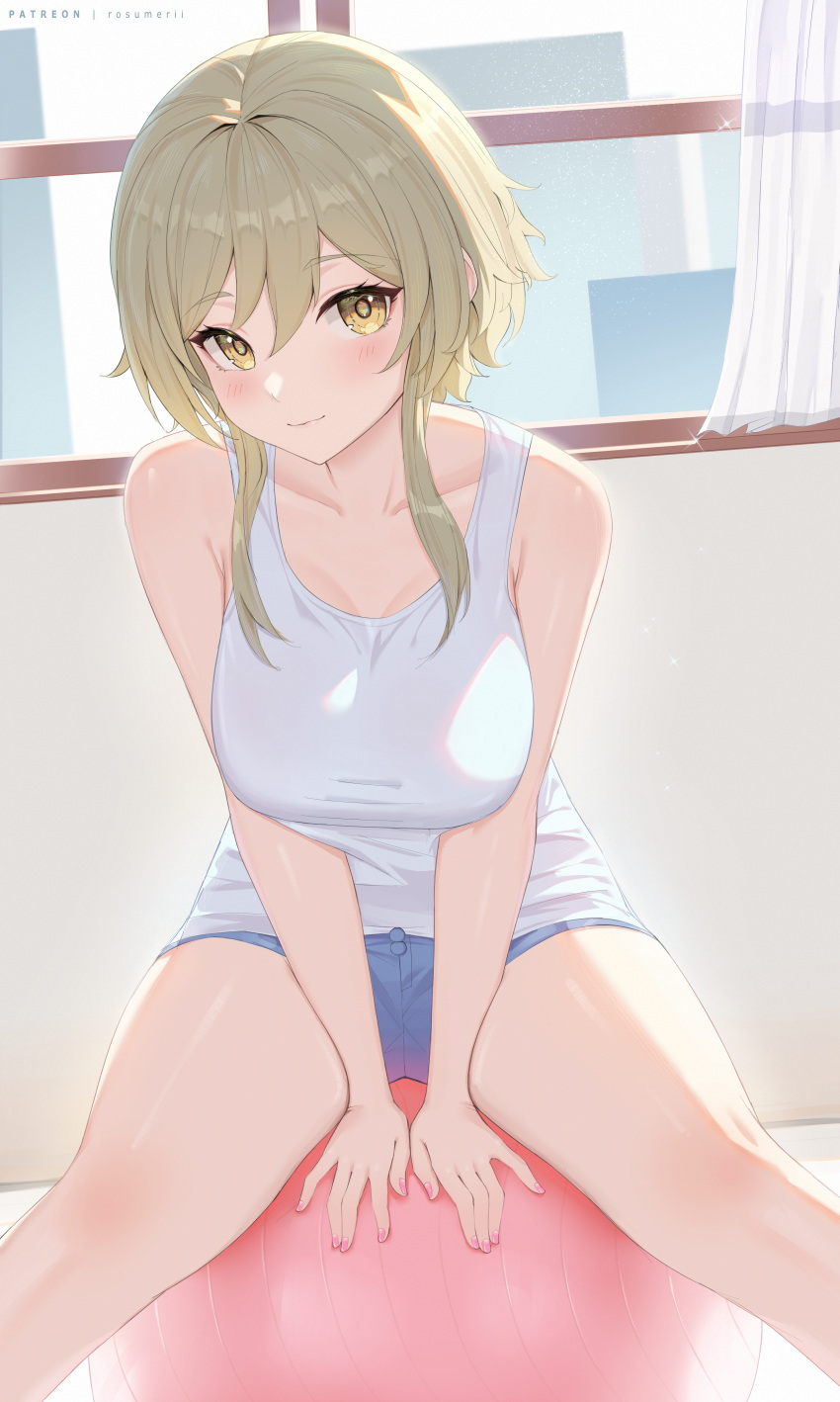 1girl absurdres ball bangs bare_arms bare_shoulders between_legs blonde_hair blue_shorts breasts closed_mouth collarbone commentary_request curtains exercise_ball feet_out_of_frame genshin_impact hand_between_legs highres large_breasts looking_at_viewer lumine_(genshin_impact) nail_polish paid_reward_available patreon_username pink_nails rosumerii shirt short_hair_with_long_locks short_shorts shorts sidelocks sitting sleeveless sleeveless_shirt smile spread_legs tank_top thighs white_tank_top yellow_eyes
