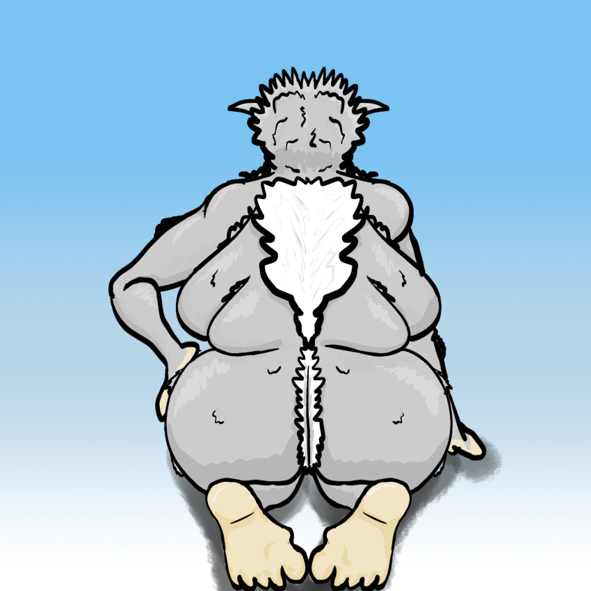 1:1 barefoot big_butt breasts butt digital_drawing_(artwork) digital_media_(artwork) feet female fur grey_body grey_fur hair hairy hand_on_butt hi_res humanoid kneeling mammal monster rear_view shaded simple_background solo sun_cresent white_body white_fur yeti