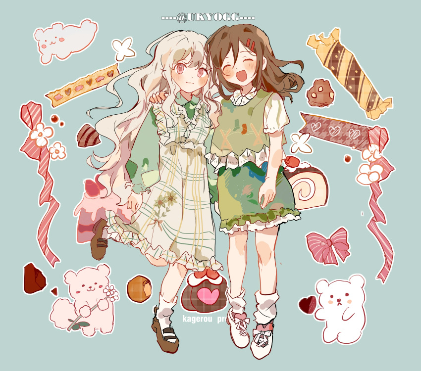 2girls ^_^ alternate_costume apron blush brown_footwear brown_hair cake cake_slice candy candy_wrapper casual checkered_apron chocolate closed_eyes dress floral_print flower food frilled_apron frilled_dress frilled_skirt frills green_dress green_skirt green_sweater_vest hair_between_eyes hair_ornament hairpin heart highres kagerou_project kozakura_marry long_hair long_sleeves looking_at_viewer loose_socks medium_hair mekakucity_actors multiple_girls open_mouth otorigg pink_eyes pink_heart pink_ribbon plant ribbon shirt short_sleeves skirt smile socks stuffed_animal stuffed_toy sweater_vest sweets tateyama_ayano white_flower white_footwear white_hair white_shirt white_socks