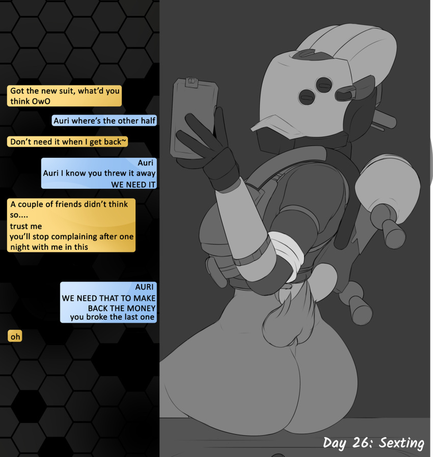 anthro armor auri_(thehuskylord) big_breasts bovid breasts butt caprine goat hi_res horn kinktober kinktober2022 mammal monochrome partial_nudity selfie sexting simple_background sink sitting spacesuit text texting thehuskylord