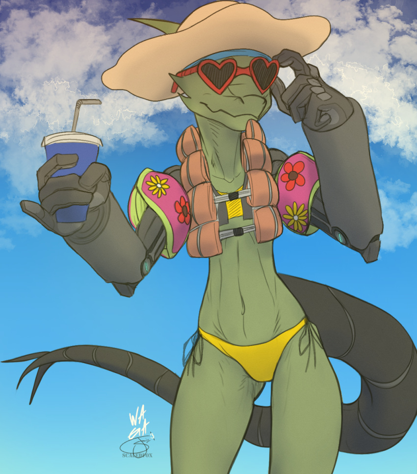 anthro bikini bikini_bottom clothed clothing cybernetic_arm cybernetic_limb cybernetic_tail cybernetics female hi_res kobold life_jacket life_preserver machine ruste_(w4g4) scaledfox scalie solo swimwear w4g4 water_wings