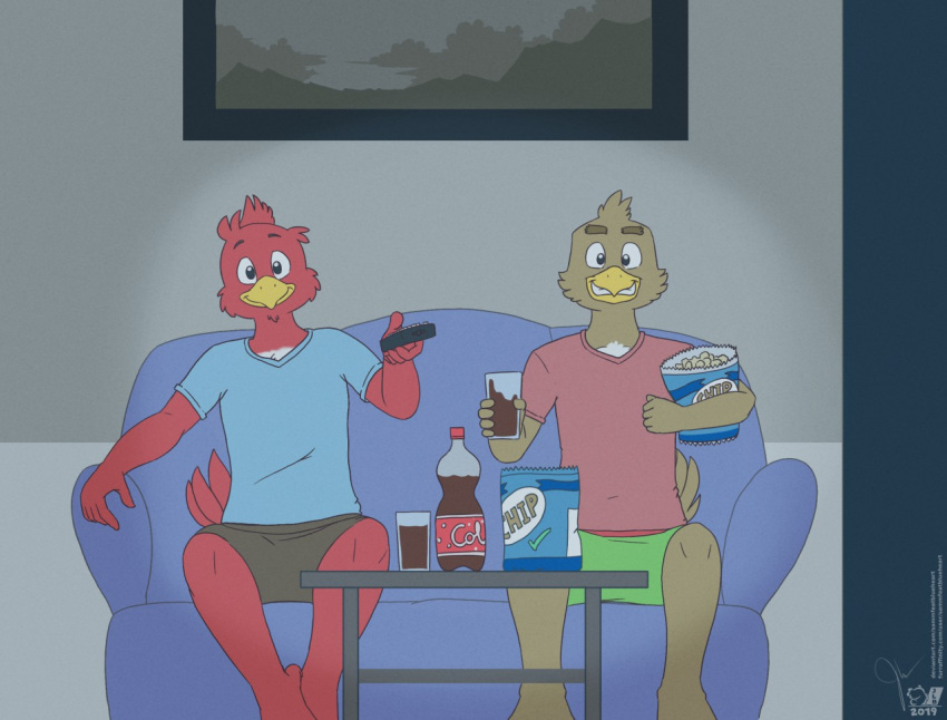 2019 5_fingers anthro avian beak beverage bird black_eyebrows black_eyes blue_clothing blue_shirt blue_t-shirt blue_topwear bottle bottomwear brown_body brown_bottomwear brown_clothing brown_eyebrows brown_feathers brown_shorts cheek_tuft chest_tuft chips_(food) clothed clothing controller detailed_background duo eyebrows facial_tuft feathers fingers flat_colors food furniture green_bottomwear green_clothing green_shorts grin head_tuft holding_beverage holding_controller holding_food holding_object holding_remote_control looking_at_viewer male red_body red_clothing red_feathers red_shirt red_t-shirt red_topwear remote_control sammfeatblueheart shirt short_tail shorts signature smile sofa soft_drink t-shirt table tail_feathers teeth thick_eyebrows topwear tuft yellow_beak