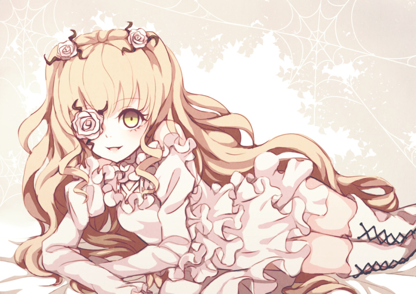 1girl bangs blonde_hair boots cross-laced_footwear dise dress flower flower_over_eye hair_flower hair_ornament kirakishou lace-up_boots long_hair open_mouth rose rozen_maiden smile solo thigh_boots very_long_hair white_background white_flower white_footwear white_rose yellow_eyes