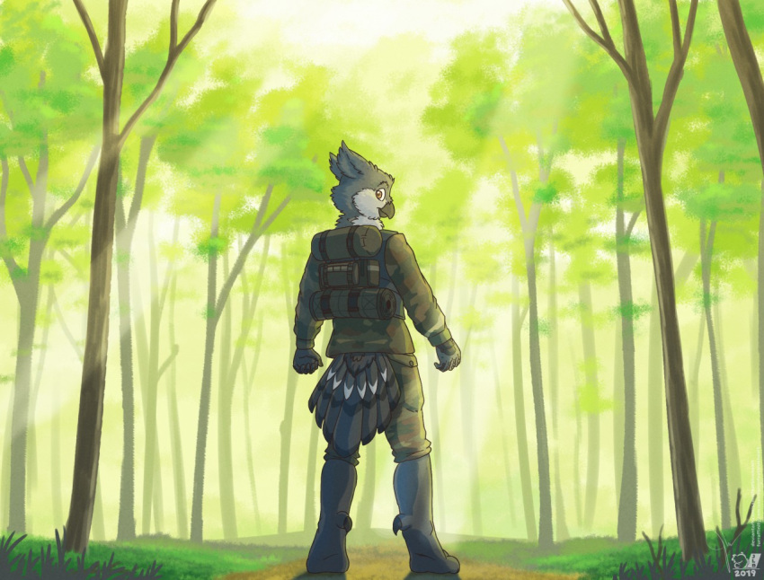 2019 5_fingers anthro avian backpack barefoot beak bedroll bird bird_feet black_beak bottomwear brown_eyes bulletproof_vest camo camo_bottomwear camo_clothing camo_jacket camo_print camo_shorts camoflague cheek_tuft clothing detailed_background digitigrade dizek_(character) ears_back facial_tuft feathers feet fingers forest grass grey_body grey_feathers head_tuft light light_beam looking_back male markings multicolored_body multicolored_feathers neck_tuft owl pattern_bottomwear pattern_clothing pattern_shorts pivoted_ears plant rear_view sammfeatblueheart shaded shorts signature solo sunbeam sunlight tail_feathers tail_markings talons tree tuft white_body white_feathers