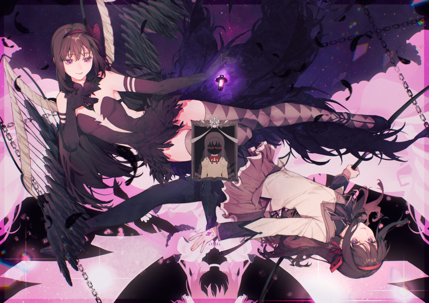 3girls absurdres akemi_homura akuma_homura argyle argyle_legwear bangs bare_shoulders black_dress black_feathers black_footwear black_gloves black_hair black_pantyhose black_thighhighs black_wings bow bowtie breasts brown_skirt chain chinese_commentary choker cleavage closed_mouth collared_shirt commentary dark_orb_(madoka_magica) dark_persona dress dual_persona elbow_gloves feathered_wings feathers gem glasses gloves hair_bow hair_ribbon hairband hand_on_own_chest highres juliet_sleeves kaname_madoka layered_sleeves long_hair long_sleeves looking_at_another looking_at_viewer looking_down mahou_shoujo_madoka_magica mahou_shoujo_madoka_magica:_hangyaku_no_monogatari mitakihara_school_uniform multiple_girls pantyhose picture_(object) pink_hair pink_wings pleated_skirt puffy_sleeves purple_eyes purple_gemstone qiuyun62303677 red-framed_eyewear red_bow red_bowtie red_ribbon ribbon school_uniform shirt sidelocks skirt sleeveless sleeveless_dress small_breasts smile soul_gem sweatshirt swept_bangs thighhighs ultimate_madoka white_choker white_dress wings yellow_shirt
