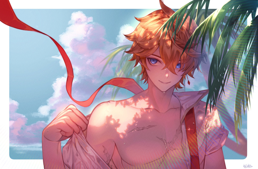 1boy absurdres bangs blue_eyes cloud commentary_request day earrings genshin_impact hair_between_eyes highres jewelry kokollet male_focus open_clothes open_shirt orange_hair outdoors parted_lips pectorals scar scar_on_arm scar_on_chest shirt signature single_earring sky solo tartaglia_(genshin_impact) toned toned_male upper_body water_drop wet white_shirt