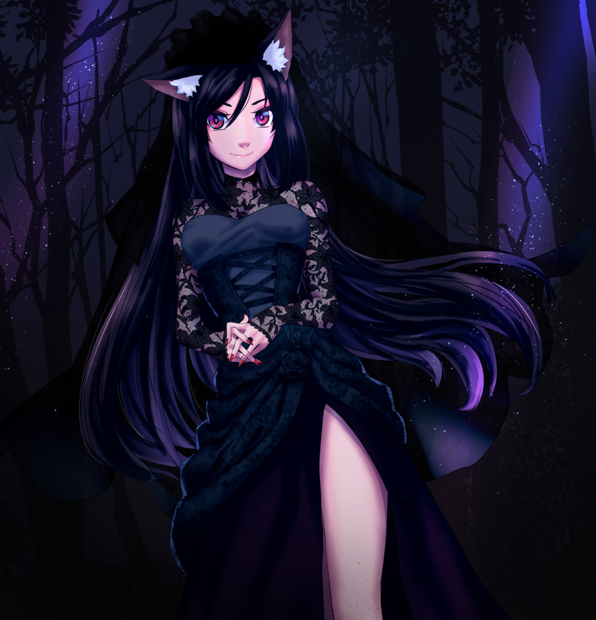 1girl animal_ears black_dress breasts bridal_veil brown_hair commentary corset dress frilled_dress frills highres imaizumi_kagerou lace lace-trimmed_dress lace_border lace_sleeves lace_trim long_hair looking_at_viewer medium_breasts red_eyes solo tail tenamaru thigh_gap touhou veil wolf_ears wolf_girl wolf_tail