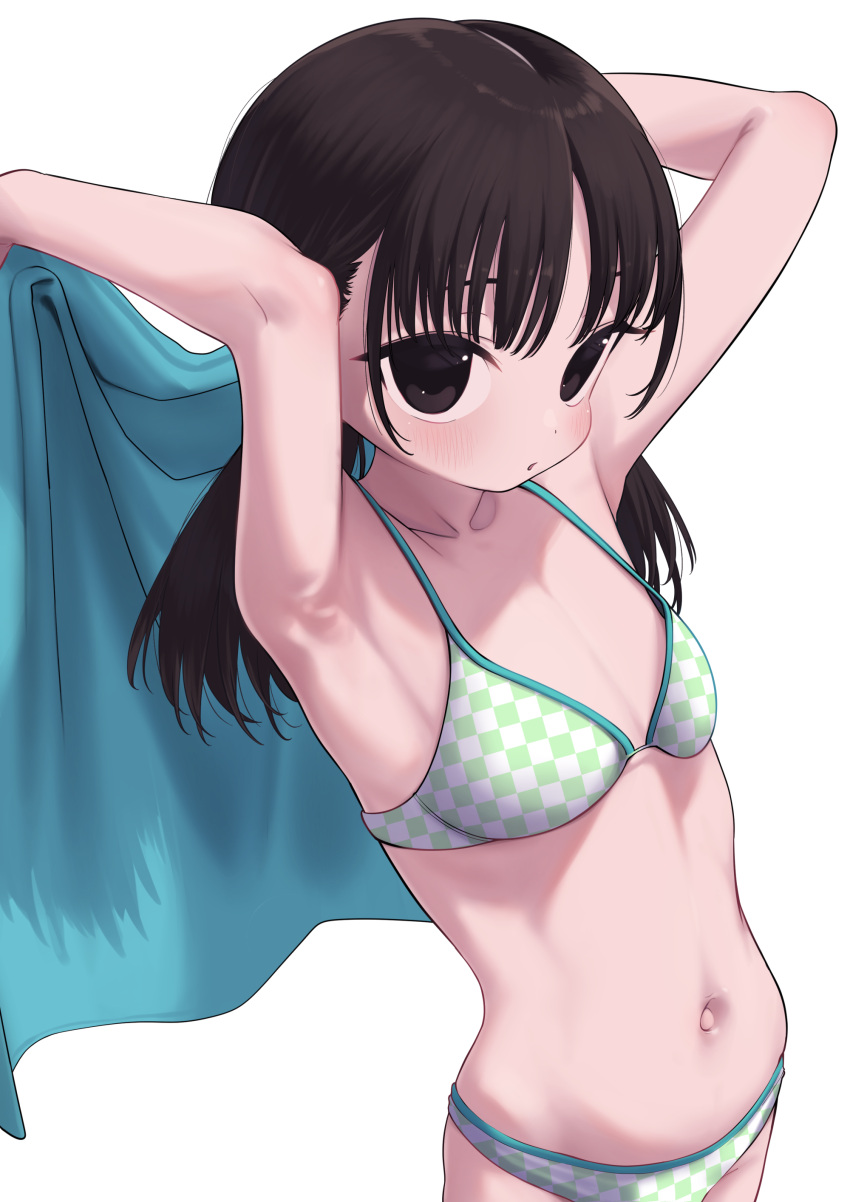 1girl absurdres armpits arms_up bangs bikini black_eyes black_hair blush bouen breasts checkered_bikini checkered_clothes commentary_request highres holding long_hair looking_at_viewer low_twintails navel original parted_lips simple_background small_breasts solo stomach swimsuit twintails white_background