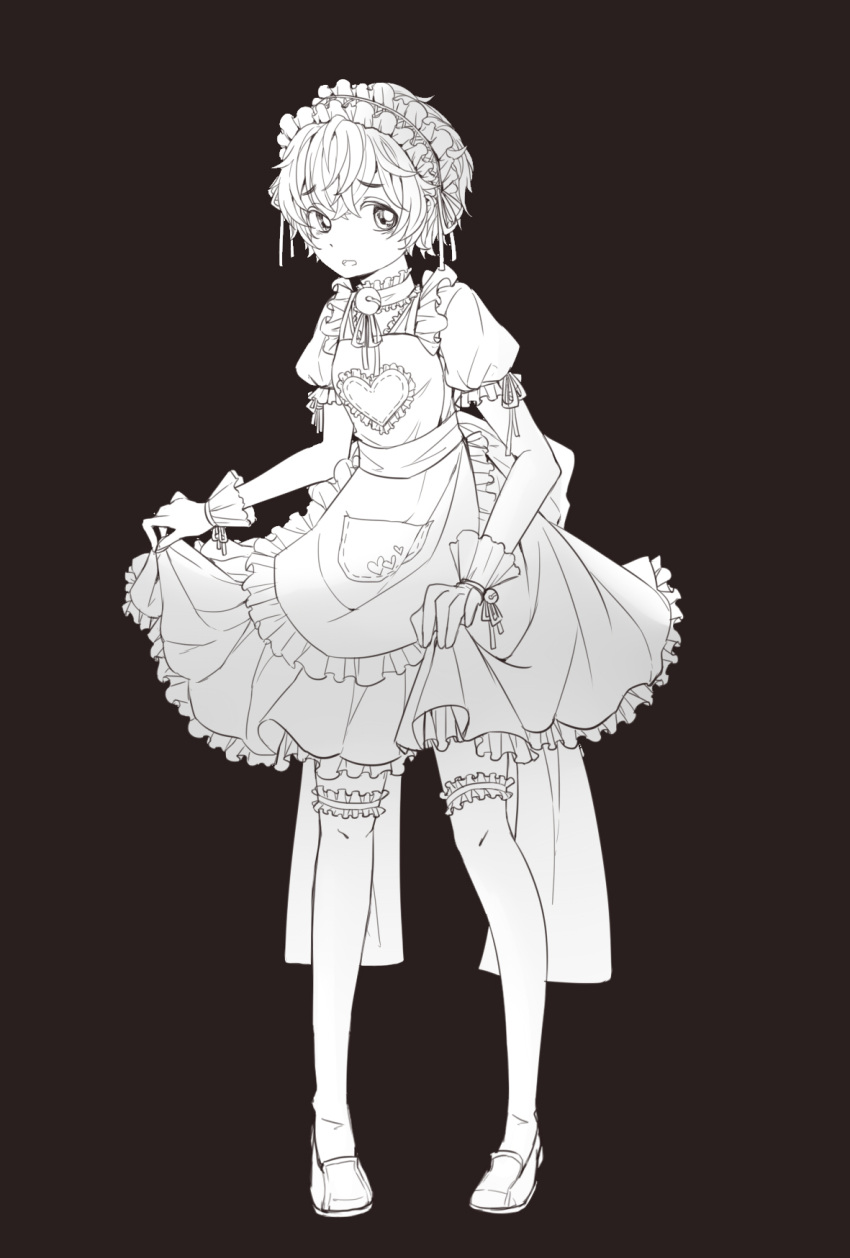 1girl alternate_costume bangs bell breasts brown_theme choker dress frilled_choker frilled_dress frilled_hairband frilled_sleeves frills full_body genderswap genderswap_(otf) gloves hairband heart highres houseki_no_kuni loafers looking_at_viewer monochrome neck_bell parted_lips pigeon-toed pocket puffy_short_sleeves puffy_sleeves sash shieryue164 shoes short_dress short_hair short_sleeves simple_background skirt_hold small_breasts solo standing wrist_cuffs zettai_ryouiki zircon_(houseki_no_kuni)