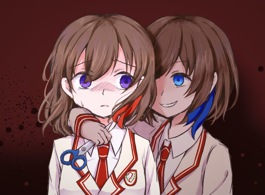 2girls b-ko_(shuuen_no_shiori) blazer blue_eyes blue_hair brown_hair character_request dark_background emblem evil_grin evil_smile grin hassaku_sherbert highres holding holding_scissors jacket light_frown long_sleeves multicolored_hair multiple_girls necktie purple_eyes red_background red_hair red_necktie school_emblem school_uniform scissors shirt short_hair shuuen_no_shiori_project smile streaked_hair sweat sweatdrop teeth threat white_shirt