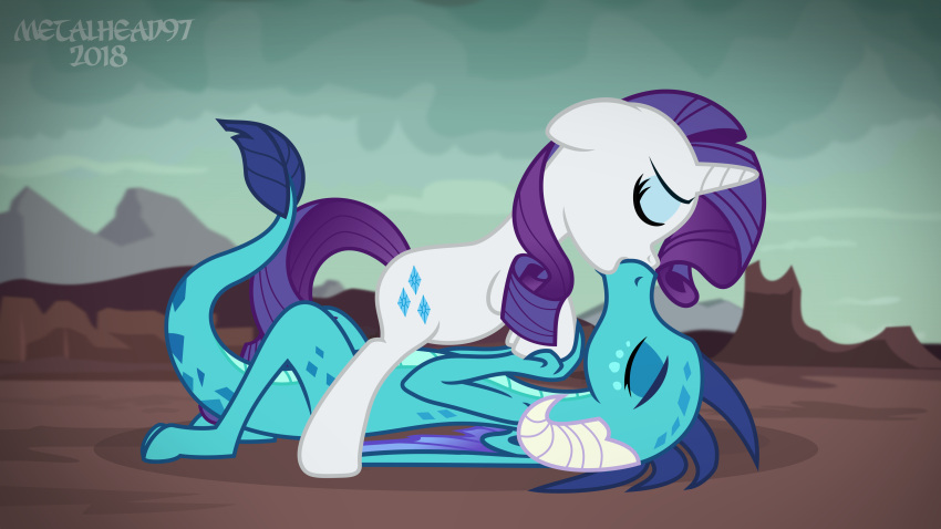 2018 absurd_res anthro blue_body blue_scales digital_media_(artwork) dragon dragon_land duo equid equine eyebrows eyes_closed female female/female feral friendship_is_magic hair hasbro hi_res horn horse kiss_on_lips kissing lying mammal metalhead97 my_little_pony on_back on_model pony princess_ember_(mlp) purple_hair rarity_(mlp) scales scalie unicorn white_body wings