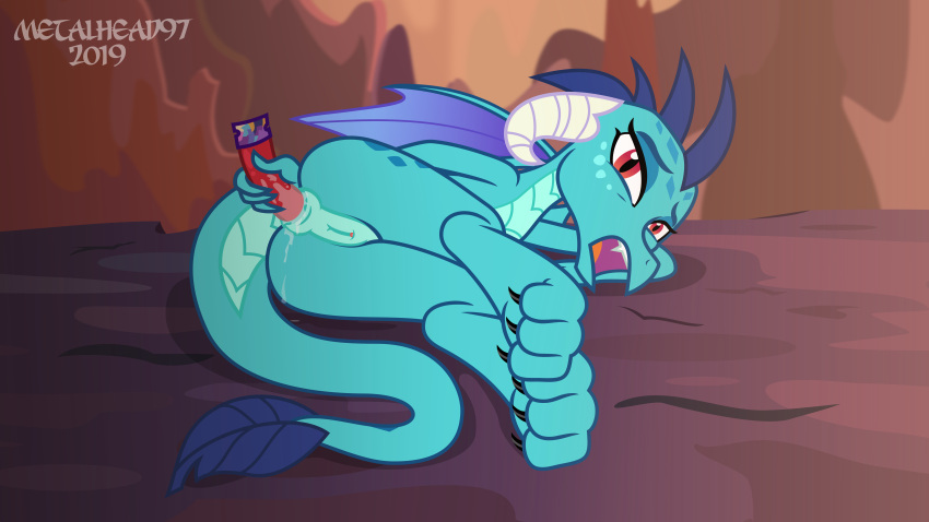 2019 absurd_res anal anal_penetration anthro anus blue_body blue_scales butt digital_media_(artwork) dildo dildo_insertion dragon dragon_land feet female friendship_is_magic genitals half-closed_eyes hasbro hi_res horn looking_at_viewer looking_pleasured metalhead97 my_little_pony narrowed_eyes on_model open_mouth orange_eyes penetration princess_ember_(mlp) pussy scales scalie sex_toy sex_toy_insertion solo wings