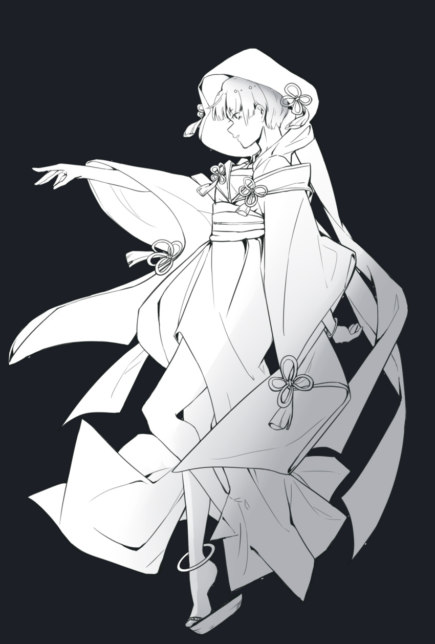 1girl alternate_costume anklet bags_under_eyes bangle bangs blunt_bangs bracelet from_side full_body genderswap genderswap_(otf) geta greyscale highres hood hood_up houseki_no_kuni japanese_clothes jewelry kimono layered_clothes looking_away monochrome obi off_shoulder outstretched_arm phosphophyllite phosphophyllite_(ll) platform_footwear profile reaching sash shieryue164 short_hair simple_background solo standing standing_on_one_leg tassel