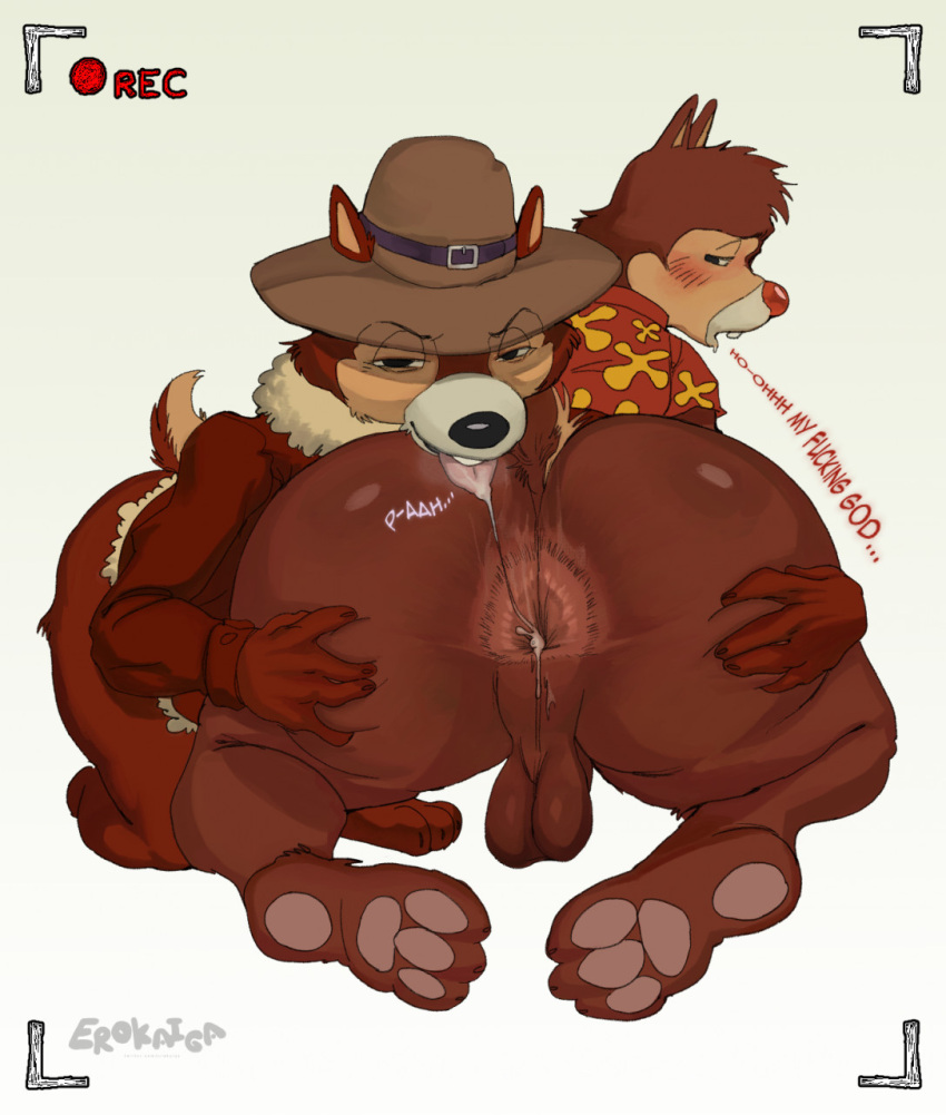 anthro anus backsack balls big_anus big_butt bodily_fluids bottomless buckteeth butt chip_'n_dale_rescue_rangers chip_(disney) chipmunk clothed clothing dale_(disney) disney duo erokaiga feet genitals ground_squirrel hat headgear headwear hi_res jacket looking_back looking_pleasured male male/male mammal pawpads rear_view recording red_nose rodent saliva saliva_string sciurid shirt simple_background teeth tongue tongue_out topwear translucent translucent_clothing white_background