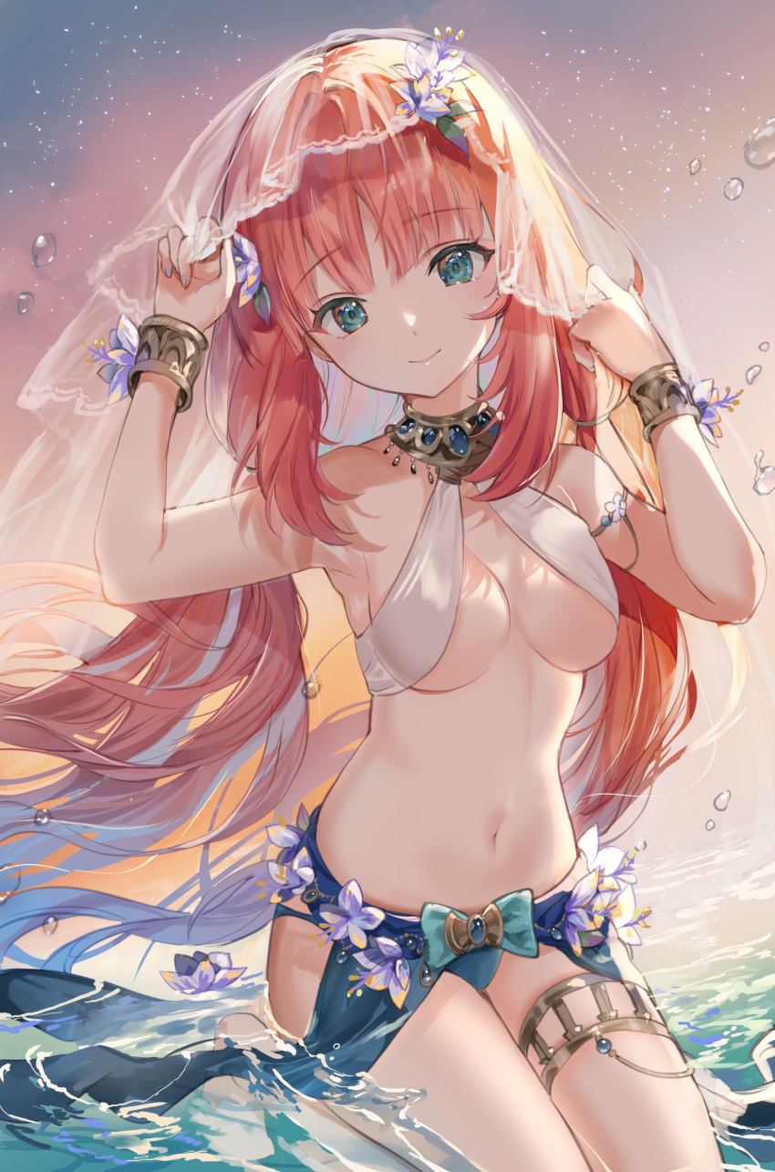 1girl absurdres adapted_costume aqua_eyes armlet arms_up bangs bare_arms bare_shoulders blue_panties bracer breasts bridal_veil closed_mouth floating_hair genshin_impact gradient_sky harem_outfit highres holding jewelry long_hair looking_at_viewer medium_breasts miniskirt navel neck_ring nilou_(genshin_impact) no_detached_sleeves no_horns orange_sky panties parted_bangs red_hair revealing_clothes see-through seiza sitting skirt sky smile solo star_(sky) starry_sky stomach thighlet thighs twintails ume_(plumblossom) underwear veil water_drop wrist_flower