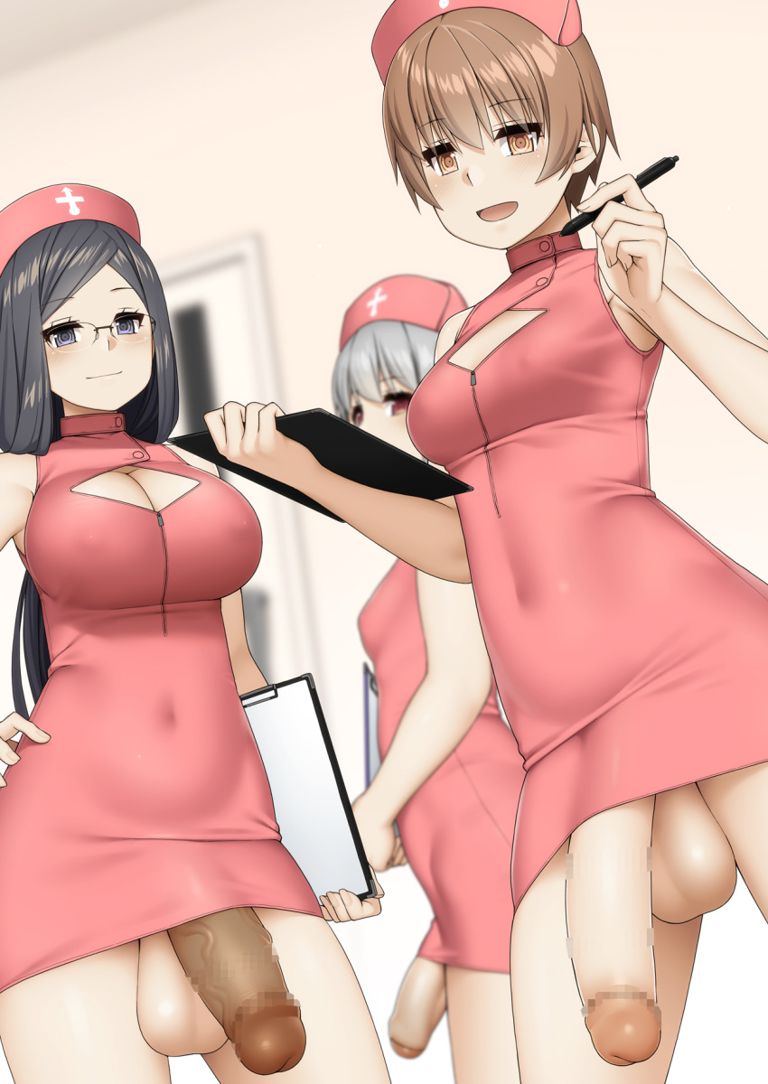 3girls bare_arms black_hair blurry blurry_background breasts brown_eyes brown_hair censored cleavage cleavage_cutout clipboard closed_mouth clothing_cutout covered_navel dark_penis dress flaccid futanari glasses grey_hair hand_on_hip hat highres holding holding_clipboard holding_pen kamata_yuuya large_breasts long_hair looking_at_viewer medium_breasts mosaic_censoring multiple_girls nurse nurse_cap open_mouth original pen penis pink_dress short_hair sleeveless sleeveless_dress smile testicles textless_version veins veiny_penis