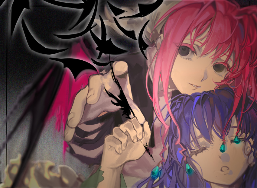 2girls aqua_gemstone bangs black_eyes black_wings blurry commentary crystal demon_wings depth_of_field dual_persona empty_eyes facing_viewer fingernails hair_intakes hair_ornament hand_on_another's_cheek hand_on_another's_face hand_up headdress heads_together highres holding holding_pen hunter_x_hunter komeokun long_hair long_sleeves looking_at_viewer magic multiple_girls neon_nostrade outstretched_arm parted_lips pen pink_hair pink_wings purple_eyes reaching_out smile torn_clothes two-tone_wings wings