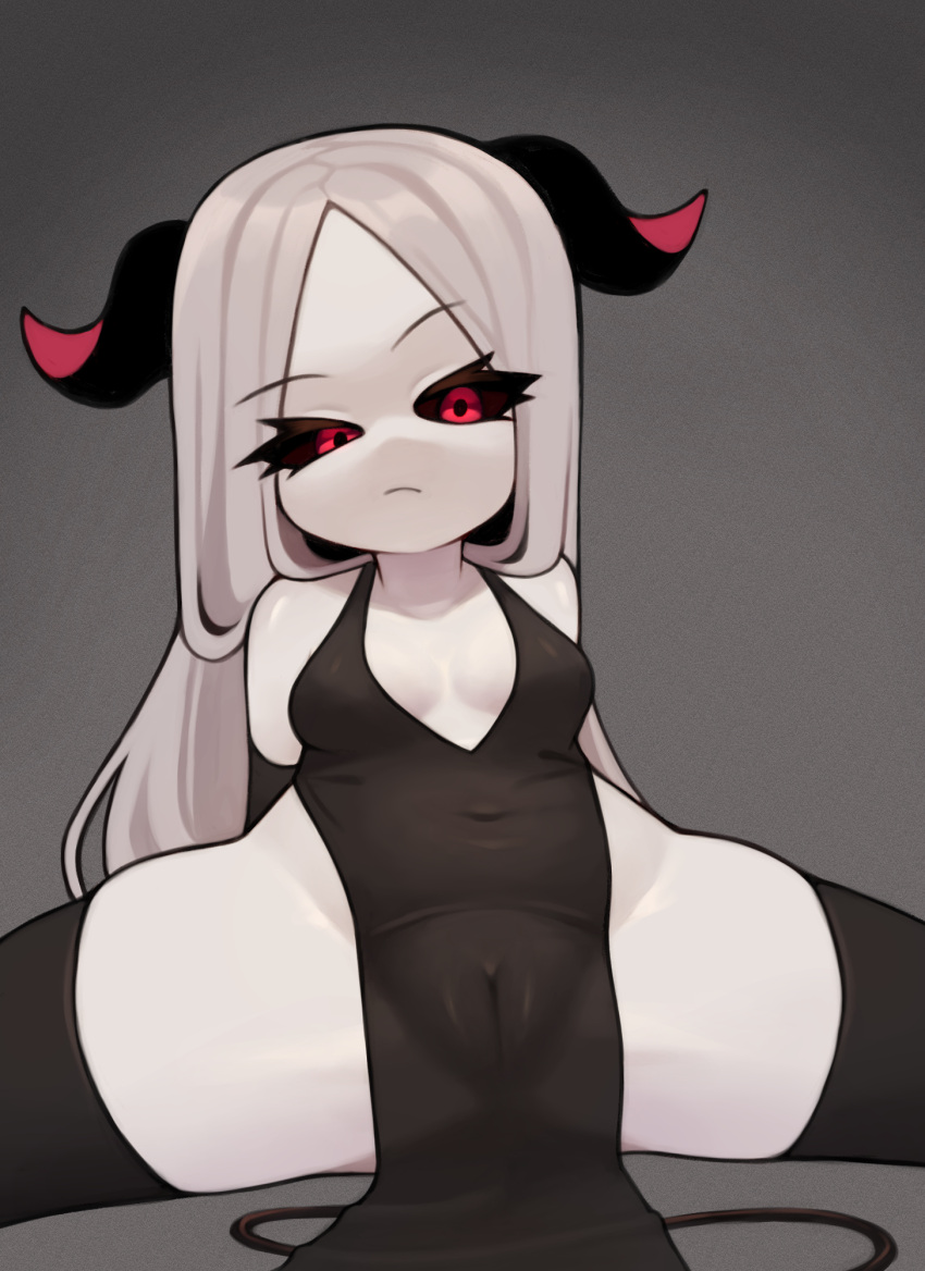 1girl black_dress black_sclera breasts cameltoe colored_sclera colored_skin covered_navel curvy demon_girl demon_horns demon_tail dress frown grey_hair highres horns original raised_eyebrow red_eyes shortstack small_breasts solo spread_legs tail thighhighs thighs white_skin wide_spread_legs zombiemiso
