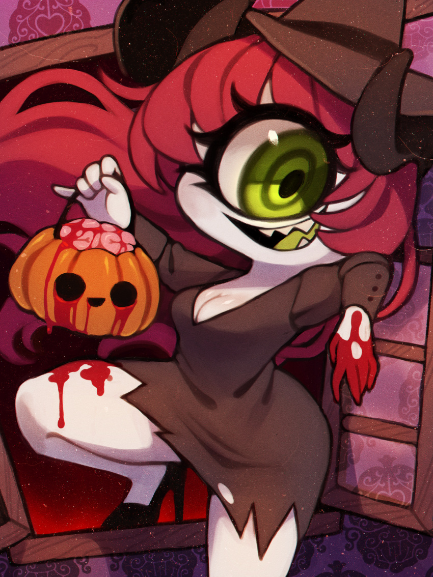 1girl black_dress blood blood_on_hands blood_on_leg brain breasts cleavage colored_skin colored_tongue cyclops dress green_eyes green_tongue hat high_heels highres jack-o'-lantern large_breasts one-eyed open_mouth original red_hair sharp_teeth short_dress shortstack smile solo teeth white_skin window witch_hat zombiemiso