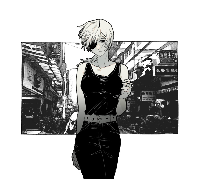 1girl belt black_pants black_tank_top blank_eyes chainsaw_man champi cigarette expressionless eyepatch highres holding holding_cigarette long_hair looking_at_viewer pants ponytail quanxi_(chainsaw_man) road simple_background smoke solo street tank_top white_background white_hair