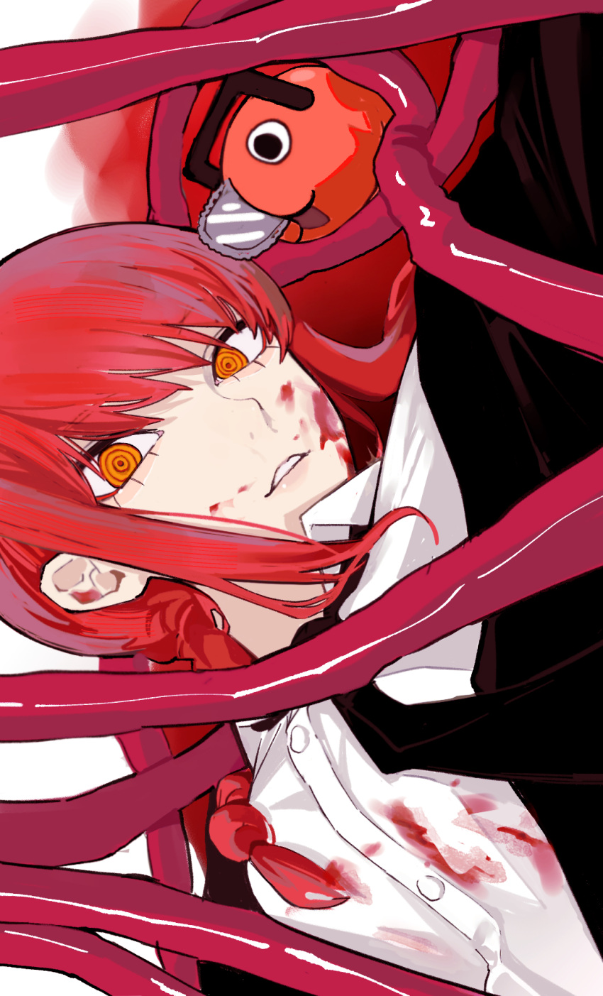 1girl bangs black_coat black_necktie blood blood_on_clothes blood_on_face braid braided_ponytail chainsaw chainsaw_man coat collared_shirt highres intestines long_hair looking_at_viewer makima_(chainsaw_man) necktie orange_eyes pochita_(chainsaw_man) red_hair ringed_eyes sailen0 shirt sidelocks sideways solo_focus two-tone_background white_shirt