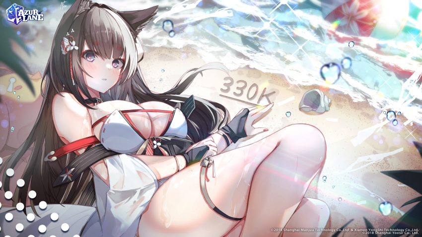 1girl absurdres alpha_beta amagi_(azur_lane) amagi_(wending_waters_serene_lotus)_(azur_lane) animal_ears azur_lane beach bikini breasts brown_hair commentary_request day fox_ears highres large_breasts long_hair looking_at_viewer manjuu_(azur_lane) milestone_celebration nail_polish ocean official_alternate_costume official_art open_bikini open_clothes outdoors purple_eyes red_nails solo strapless strapless_swimsuit swimsuit water white_bikini