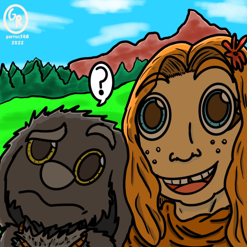 anthro canid canine duo female forest friends garrus368 hi_res human luccia luccia_(garrus368) male male/female mammal mountain nesthus nesthus_(garrus368) patreon plant smile story story_in_description tree wiffen wiffen_(specie)