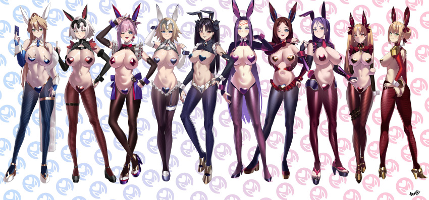 6+girls :d absurdres adapted_costume ahoge alternate_costume animal_ears artoria_pendragon_(fate) artoria_pendragon_(swimsuit_ruler)_(fate) ass ass_visible_through_thighs back bangs bare_shoulders black_hair blonde_hair blue_eyes blush bow bowtie braid breasts brown_hair choker commentary_request covered_nipples detached_sleeves earrings epaulettes ereshkigal_(fate) facial_mark fake_animal_ears fake_tail fate/apocrypha fate/grand_order fate/stay_night fate_(series) forehead forehead_mark french_braid frills full_body gold_trim green_eyes grey_hair hair_between_eyes hair_ribbon hand_on_hip headpiece heart_maebari heart_pasties high_heels highres hoop_earrings ishtar_(fate) jeanne_d'arc_(fate) jeanne_d'arc_(ruler)_(fate) jeanne_d'arc_alter_(avenger)_(fate) jeanne_d'arc_alter_(fate) jewelry kurozawa_yui large_breasts latex latex_legwear leonardo_da_vinci_(fate) long_hair looking_at_viewer looking_back maebari medium_breasts medusa_(fate) medusa_(rider)_(fate) meme_attire minamoto_no_raikou_(fate) miyamoto_musashi_(fate) multiple_girls navel nero_claudius_(fate) nero_claudius_(fate/extra) one_eye_closed open_mouth parted_bangs pasties pink_hair platform_footwear platform_heels ponytail puffy_sleeves purple_eyes purple_hair rabbit_ears rabbit_tail red_eyes red_ribbon revealing_clothes reverse_bunnysuit reverse_outfit ribbon shiny shiny_skin short_hair shoulder_blades shrug_(clothing) sidelocks skin_tight smile solo stomach swept_bangs tail thigh_gap thighs tiara two_side_up very_long_hair white_background wrist_cuffs yellow_eyes