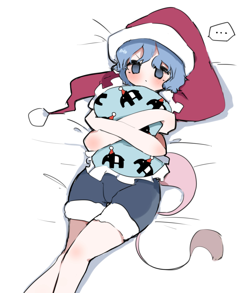 ... 1girl absurdres blue_eyes blue_hair blush doremy_sweet hat highres holding holding_pillow legs_together looking_at_viewer lying on_back on_bed pillow shorts solo spoken_ellipsis tail takeyasu510 tapir_tail touhou v-shaped_eyebrows