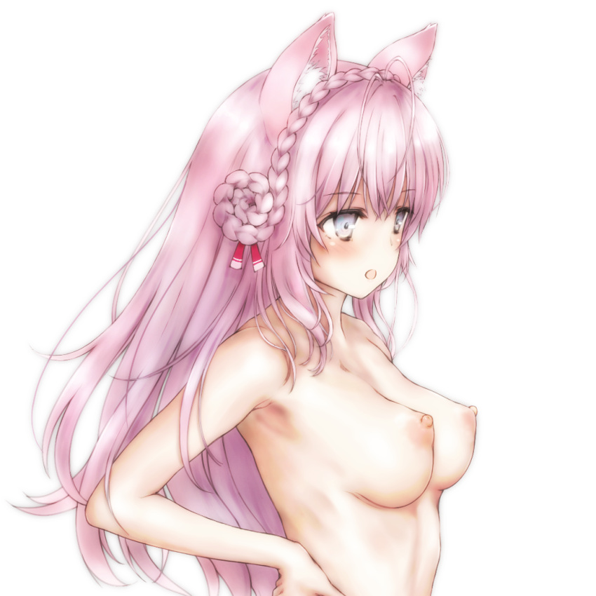 :o animal_ear_fluff animal_ears armpits bangs braid breasts esan_(llamaesan) from_side hair_ornament hakui_koyori hands_on_hips hololive medium_breasts medium_hair nude open_mouth perky_breasts pink_hair standing straight_hair swimsuit virtual_youtuber white_background