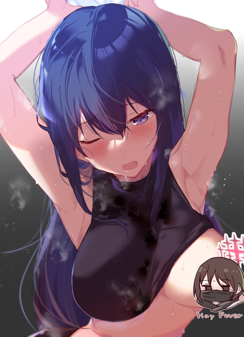 2girls arito_arayuru armpits arms_up bangs bare_shoulders black_hair black_pants black_shirt blue_archive blush breasts censored character_censor clothes_lift commentary_request crop_top grey_background hair_between_eyes halo hay_fever highres large_breasts long_hair looking_at_viewer mask misaki_(blue_archive) mouth_mask multiple_girls no_bra novelty_censor one_eye_closed open_mouth paid_reward_available pants purple_eyes red_eyes saori_(blue_archive) shirt shirt_lift short_hair sidelocks simple_background sleeveless sleeveless_shirt standing steaming_body stomach surgical_mask sweat upper_body