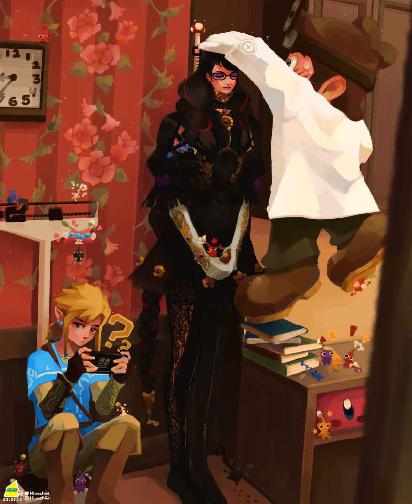 1girl 2boys bayonetta bayonetta_(series) black_hair blonde_hair bodysuit brown_hair clock closed_eyes closed_mouth dated dr._mario dr._mario_(game) english_commentary glasses gloves handheld_game_console height_difference highres hiroshi_(hiiroshiiii) holding holding_handheld_game_console indoors instagram_username labcoat link long_hair long_sleeves looking_at_another looking_at_viewer mario mario_(series) measuring multiple_boys nintendo_switch own_hands_together pikmin_(creature) pikmin_(series) playing_games short_hair sitting standing tall_female the_legend_of_zelda the_legend_of_zelda:_breath_of_the_wild twitter_username v_arms very_long_hair wall_clock