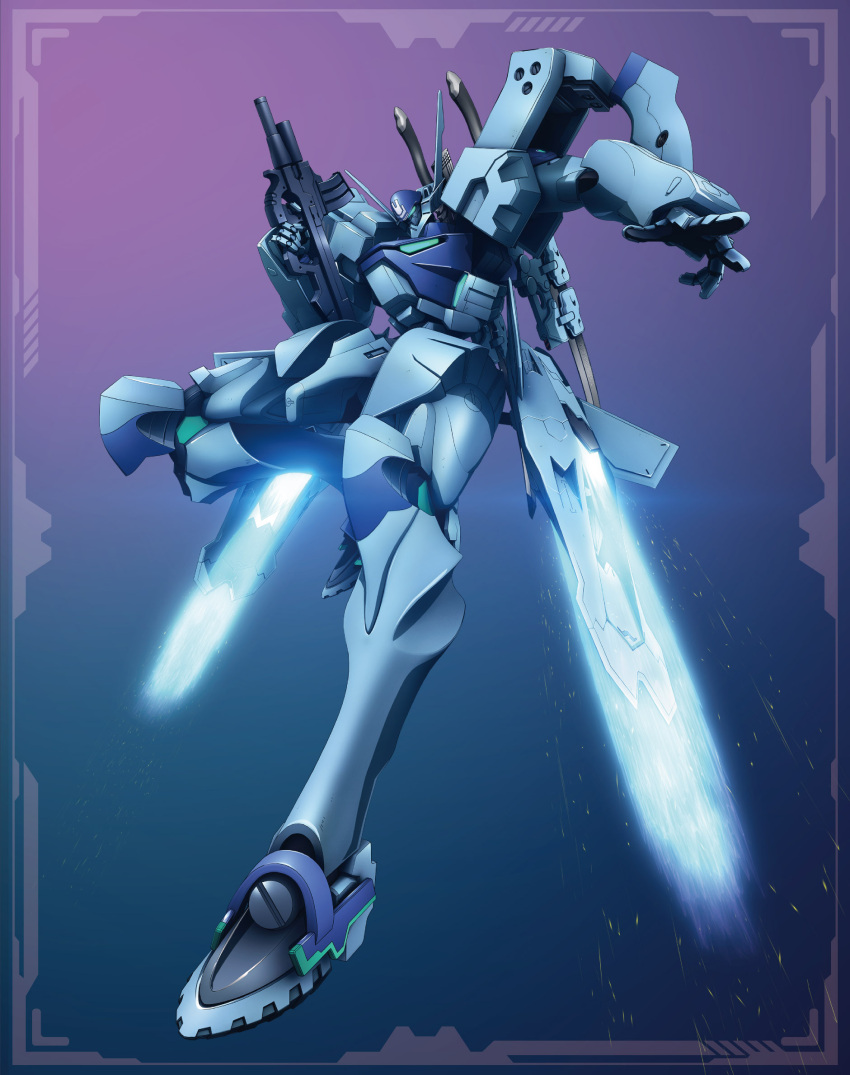 airborne assault_visor blu-ray_cover cover full_body gun highres holding holding_gun holding_weapon leg_up looking_down mecha muvluv muvluv_alternative muvluv_alternative_(anime) official_art open_hand robot science_fiction solo sword sword_on_back tactical_surface_fighter thrusters type_94_shiranui weapon weapon_on_back