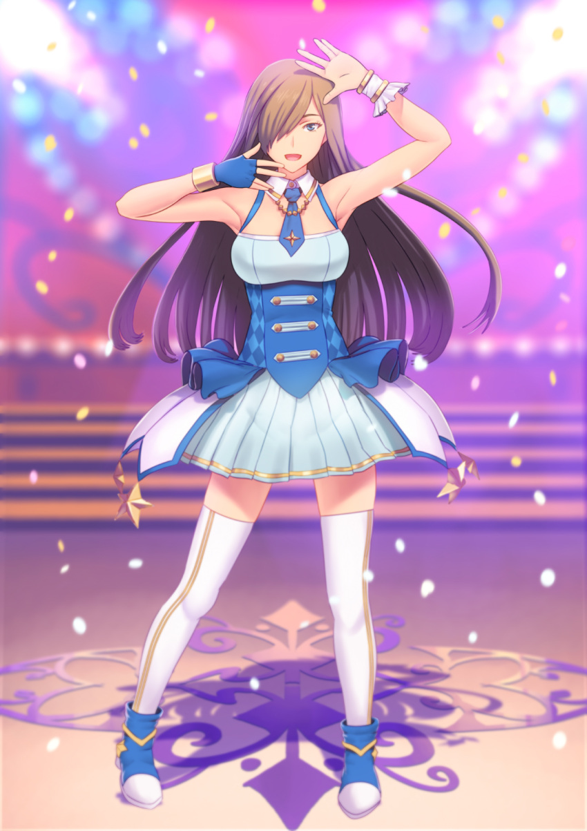 1girl :d alternate_costume armpits asymmetrical_gloves bare_arms blue_eyes blue_gloves blue_necktie blue_skirt brown_hair detached_collar fateline_alpha fingerless_gloves full_body gloves hair_over_one_eye highres idol long_hair looking_at_viewer miniskirt necktie open_mouth pleated_skirt short_necktie single_glove skirt smile solo stage straight_hair tales_of_(series) tales_of_asteria tales_of_the_abyss tear_grants thighhighs twinkle_star_(idolmaster) underbust very_long_hair white_thighhighs wing_collar zettai_ryouiki