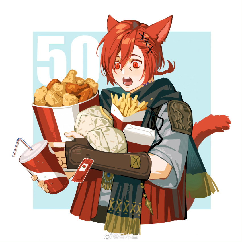 1boy :o absurdres animal_ears bangs black_scarf blue_background border braid braided_ponytail brown_gloves bucket_of_chicken burger cat_boy cat_ears cat_tail chinese_commentary commentary_request cropped_torso cup disposable_cup drink drinking_straw elbow_gloves facial_mark fan_mu_zhang fast_food final_fantasy final_fantasy_xiv fingerless_gloves food french_fries fried_chicken fringe_trim from_side g'raha_tia gloves grey_shirt hair_between_eyes hair_ornament highres holding holding_cup holding_food ketchup looking_at_food looking_down low_ponytail male_focus miqo'te neck_tattoo open_mouth outside_border red_eyes red_hair scarf shirt short_hair single_braid slit_pupils solo swept_bangs tail tattoo upper_body weibo_logo weibo_username white_border wide-eyed wrapper x_hair_ornament