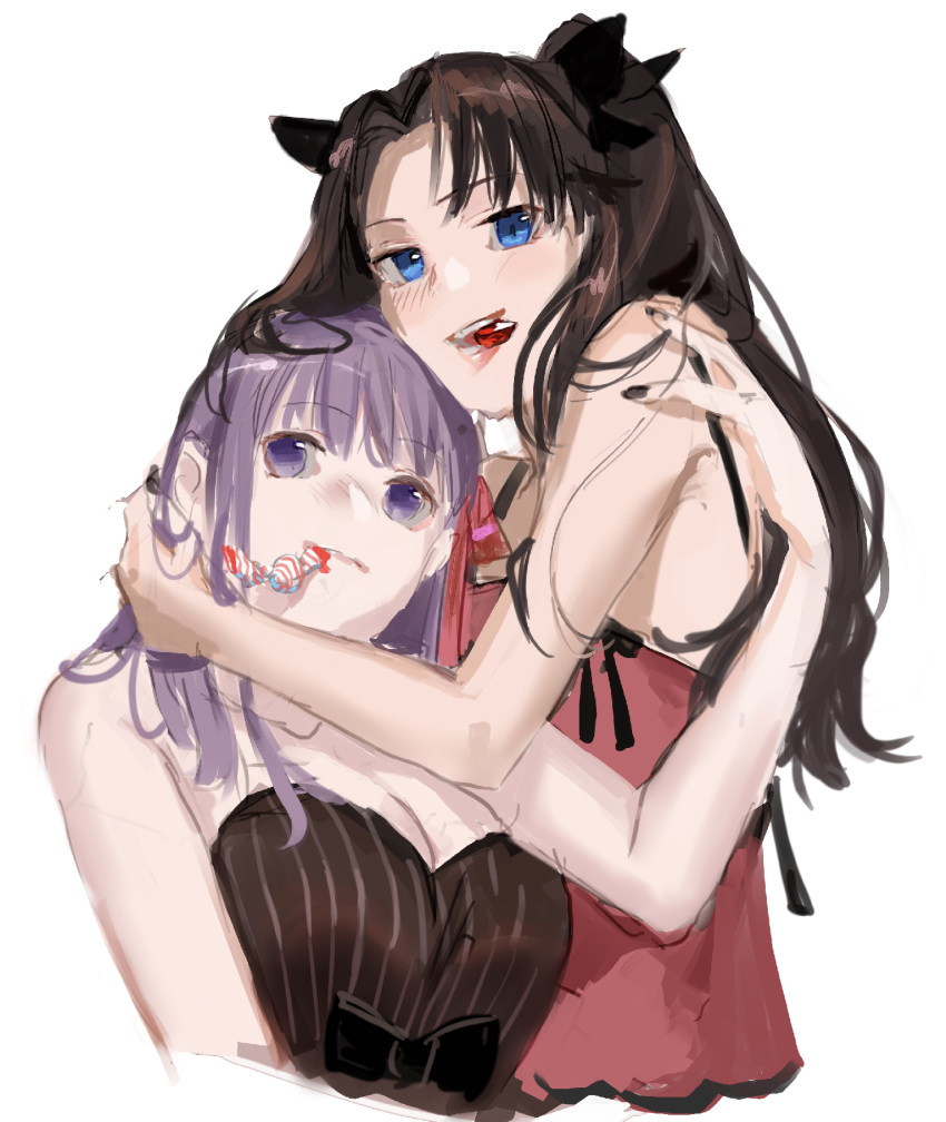 2girls alternate_costume bare_shoulders black_bow black_nails blue_eyes bow breasts brown_hair candy cleavage commentary_request cropped_torso dress fate/stay_night fate_(series) food hair_bow head_hug highres light_blush long_hair matou_sakura mouth_hold multiple_girls purple_eyes purple_hair red_dress siblings sisters strapless strapless_dress tohsaka_rin two_side_up ubwmitekure valentine white_background