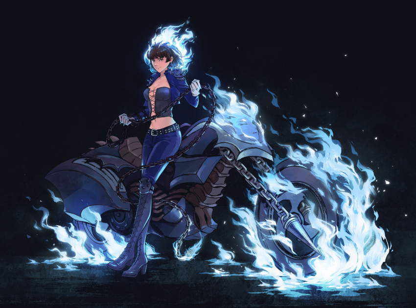 1girl belt biker_clothes blue_fire boots braid breasts brown_hair bustier chain crop_top crown_braid fiery_hair fire fusion ghost_rider gloves ground_vehicle high_heel_boots high_heels highres joanna_(persona_5) knee_spikes lace large_breasts marvel motor_vehicle motorcycle niijima_makoto pants persona persona_5 sarcii short_hair shoulder_pads shoulder_spikes smile spikes standing white_gloves