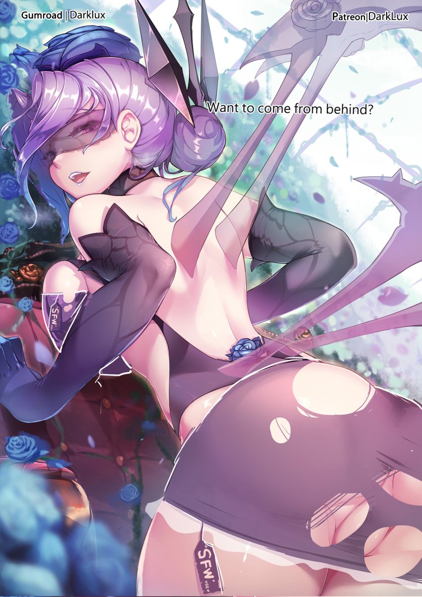 1girl artist_name ass bangs bare_shoulders bent_over blue_flower breasts cowboy_shot crystal_rose_elise darklux elbow_gloves elise_(league_of_legends) english_text eye_mask flower gloves hair_bun hair_ornament highres large_breasts league_of_legends official_alternate_costume open_mouth pink_hair pussy pussy_peek see-through_mask shiny shiny_hair short_hair single_hair_bun skirt solo teeth tongue torn_clothes torn_skirt upper_teeth