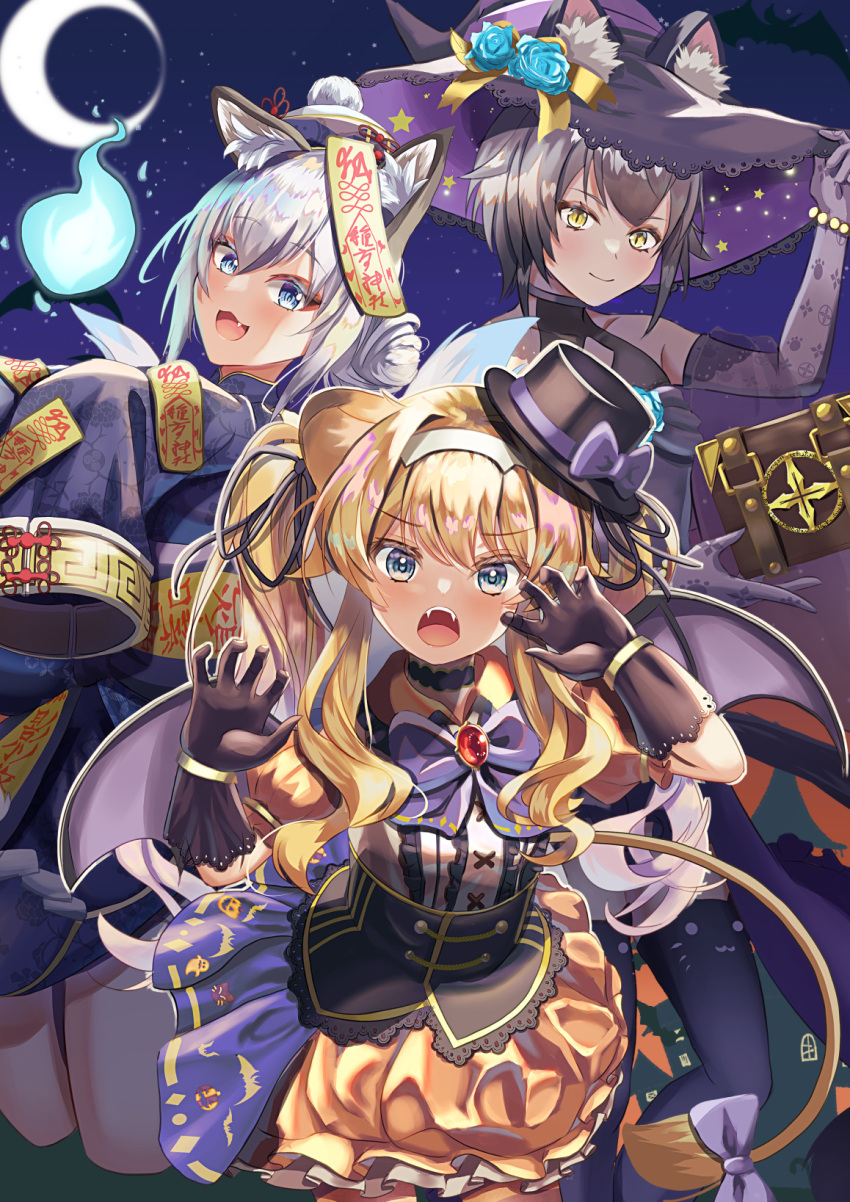 3girls :3 animal_ear_fluff animal_ear_legwear animal_ears bangs bat_wings black_gloves blonde_hair blue_eyes book bow brooch cat_ear_legwear cat_ears cat_girl chinese_clothes choker claw_pose corset crescent_moon elbow_gloves fangs flower fox_ears fox_girl gloves grey_hair hair_bun hair_ribbon halloween halloween_costume hat hat_flower highres inari_iroha jewelry jiangshi_costume jumping lion_ears lion_girl lion_tail long_hair moon multicolored_eyes multiple_girls nekozeno_shin neru_(eleonore_234) night night_sky noripro ofuda open_mouth puffy_short_sleeves puffy_sleeves regrush_lionheart ribbon short_hair short_sleeves sidelocks sky sleeves_past_fingers sleeves_past_wrists slit_pupils smile tail thighhighs top_hat twintails virtual_youtuber wings witch_hat yellow_eyes