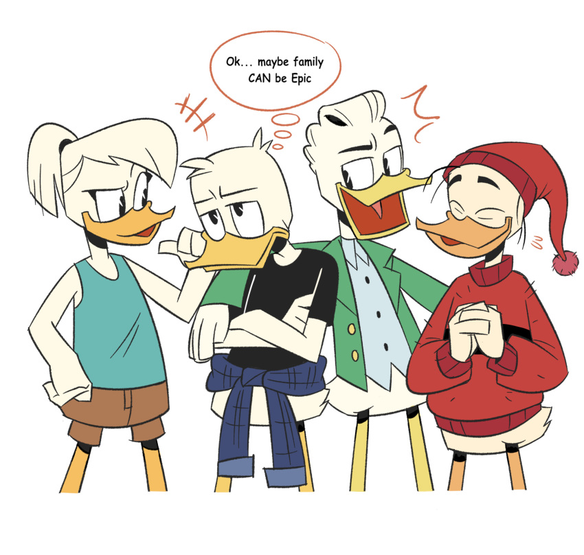 2020 anatid anseriform anthro avian beak bird bottomless clothed clothing crossed_arms della_duck dialogue disney donald_duck duck ducktales ducktales_(2017) english_text eyebrows feathers female fethry_duck gladstone_gander group hair hi_res male mebsann ponytail portrait shirt simple_background standing tank_top text thought_bubble three-quarter_portrait topwear white_background white_body white_feathers yellow_beak